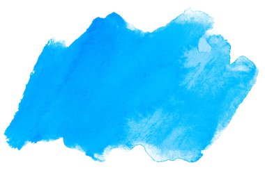 Suluboya mavi boya. Beyaz arka planda izole edilmiş desen üzerinde ıslak damlalar ile kağıt üzerinde boya.