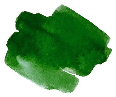 Suluboya yeşil leke boyası. Beyaz arka planda izole edilmiş kağıt üzerine ıslak damlalar ile boyanmış. kenarları yuvarlak fırça bantları ile boyanmış.