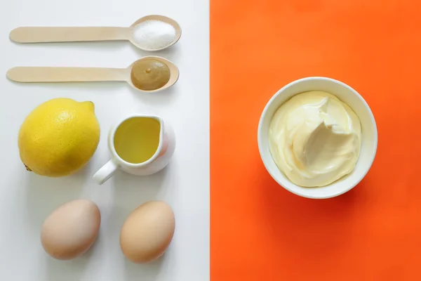 Mayonnaise, top view ingredients — Stock Photo, Image