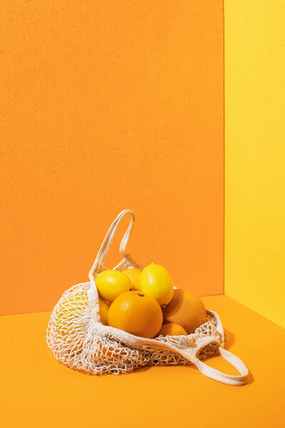 Летняя концепция покупок с апельсинами и лимонами в сумке, стоящей на прямом свете