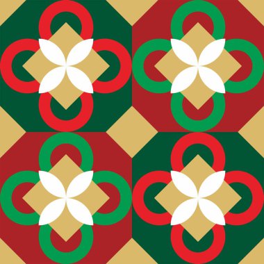 Çiçekli, pürüzsüz desenler. Noel ve yeni yıl tatilleri için kırmızı ve yeşil geometrik elementler dizayn edildi..