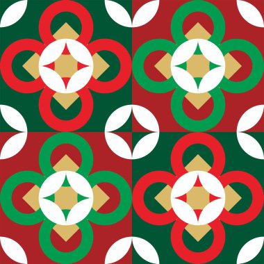 Çiçekli, pürüzsüz desenler. Noel ve yeni yıl tatilleri için kırmızı ve yeşil geometrik elementler dizayn edildi..