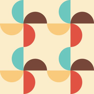 Yarı daireler ve dairelerin dokusuna sahip modaya uygun geometrik dikişsiz desenler. Noel soyut arkaplan seti. Kırmızı, mavi, bej ve sarı renkler. Vektör illüstrasyonu