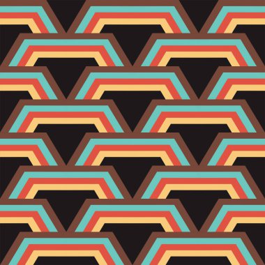 Retro geometrik dikişsiz desen, soyut geometrik desen arkaplanı vintage renklerle, altıgen tarzıyla. 10 saniye.