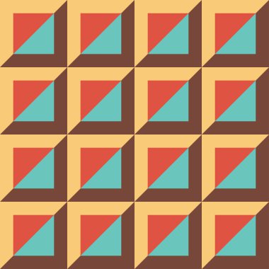 geometrik şekilli, sarı, mavi ve pembe renklerde tekrar eden vektörsüz desenli arka plan. Geometrik pastel retro tekrar model tasarımı. 10 saniye.