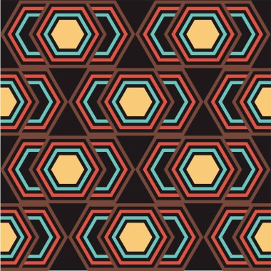 Soyut renkli geometrik dikişsiz desen çizimi. Vektör kusursuz desen. Modern stil dokusu. Altıgen kiremitlerle tekrarlanan geometrik desen. 10 saniye.