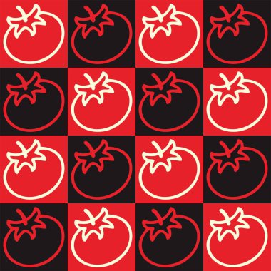 Beyaz arka planda kırmızı domatessiz desen. Domates karalama deseni. Duvar kağıdı. Domates sembolü. İmzala. Geçmişi. eps10