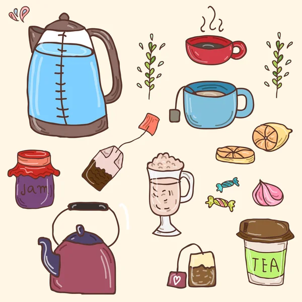 Elle çizilmiş vektör set in çay gerekli - bardak, pot ve tatlılar