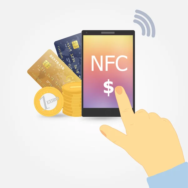 Düz tasarım stil vektör çizim modern smartphone ve ekrandaki kredi kartından telefon yapılacak ödemeleri ile. Alan iletişim teknoloji kavramı. Kırmızı zemin üzerine izole