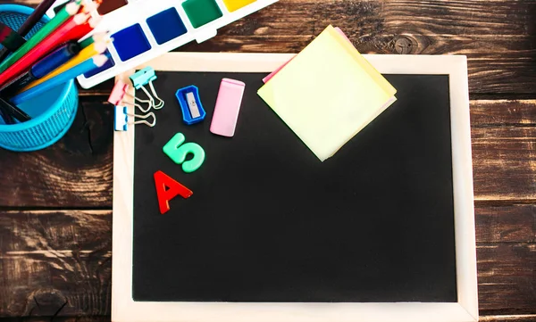 School Supplies Blackboard Background Ready Your Design — Stock Photo, Image