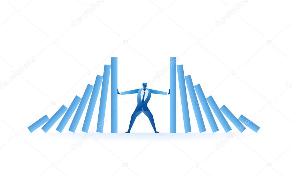 businessman tried to stop domino effect mean an officer try to withstand from pressure concept flat illustration Business about hard work and pressure for presentation