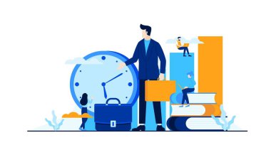business management strategy with mini people worker businessman flat illustration vector design template banner