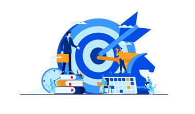 business management strategy with mini people worker businessman flat illustration vector design template banner