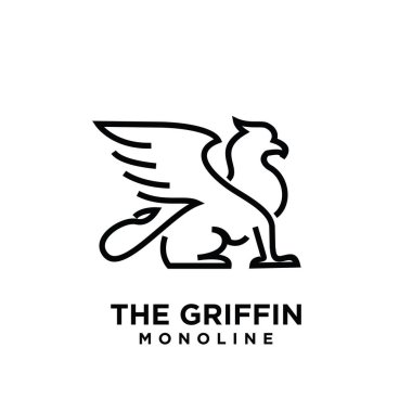 Premium siyah minimal Griffin Efsanevi Yaratık Amblemi Maskot Çizgisi Vektör Tasarım Logosu düz