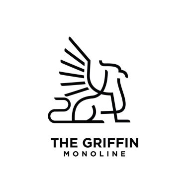 Premium siyah minimal Griffin Efsanevi Yaratık Amblemi Maskot Çizgisi Vektör Tasarım Logosu düz
