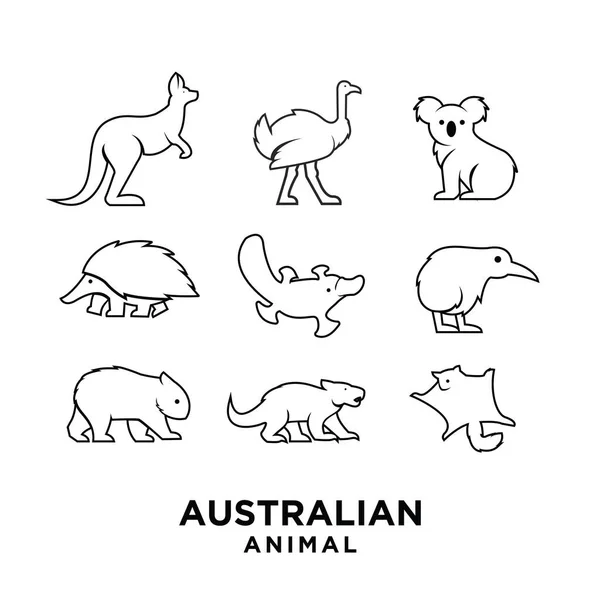 Conjunto Coleção Australiano Animal Preto Logotipo Ícone Ilustração Design Isolado — Vetor de Stock