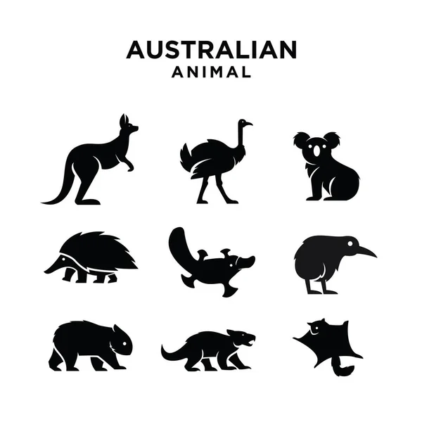 Colección Conjunto Animal Australiano Logotipo Negro Icono Ilustración Diseño Aislado — Vector de stock