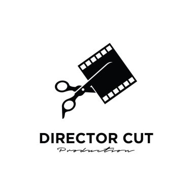 Yönetmen, Studio Movie Video Cinema Cinematography Film Prodüksiyon Makası 'nın montajını keserek film şeridi logo tasarım vektör ikonu resimlemesini izole etti.