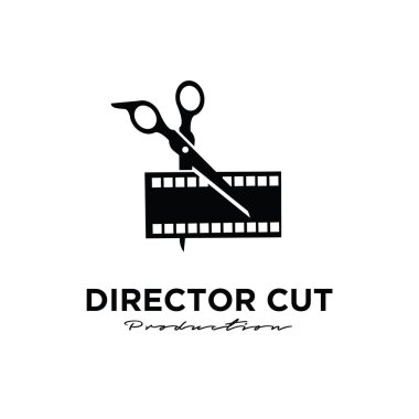 Yönetmen, Studio Movie Video Cinema Cinematography Film Prodüksiyon Makası 'nın montajını keserek film şeridi logo tasarım vektör ikonu resimlemesini izole etti.