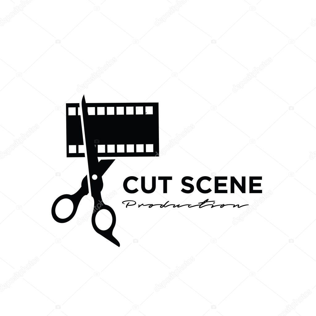 Director cut behind the scene editing Studio Movie Video Cinema Cinematography Film Production scissors that cut the film strip logo design vector icon illustration Isolated White Background