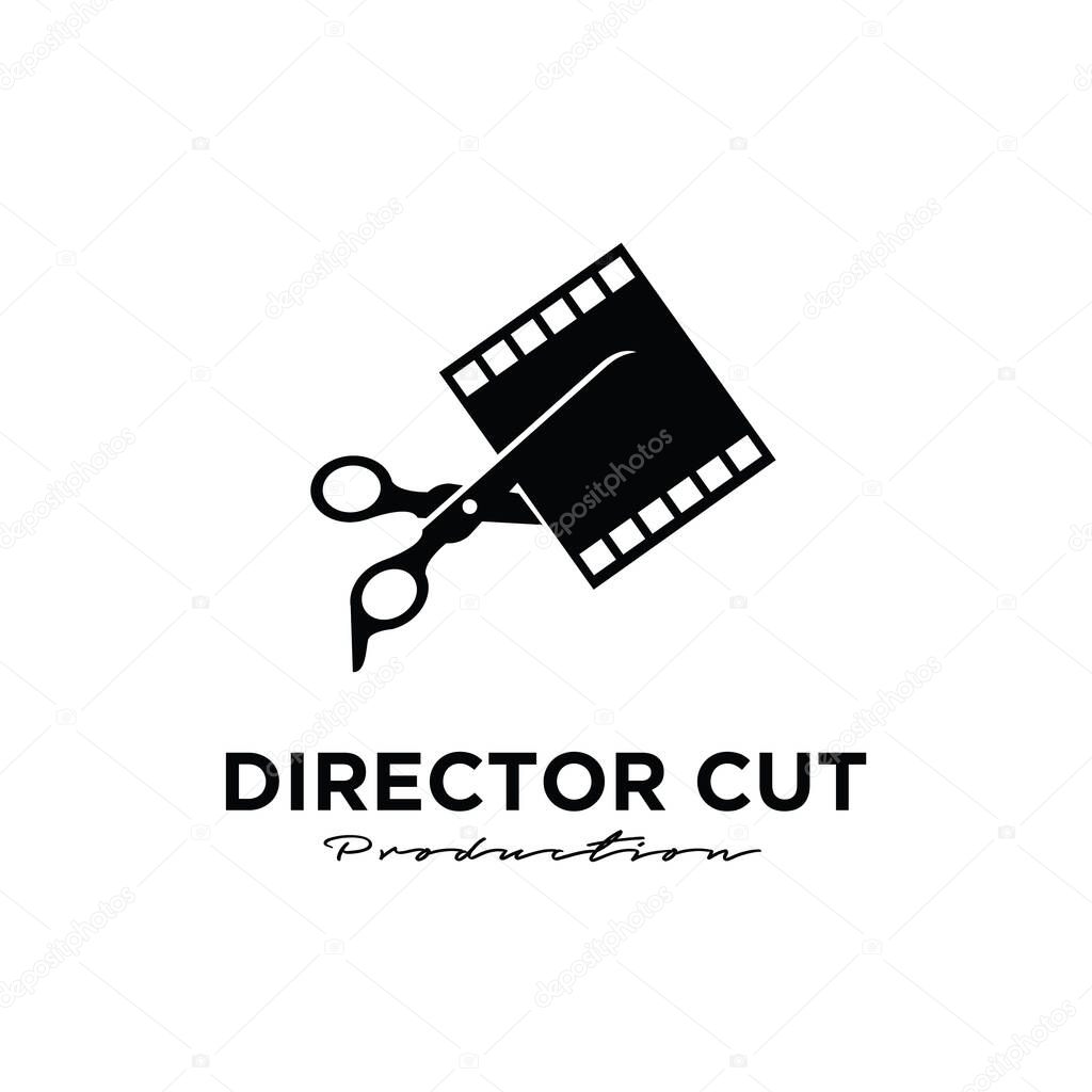 Director cut behind the scene editing Studio Movie Video Cinema Cinematography Film Production scissors that cut the film strip logo design vector icon illustration Isolated White Background