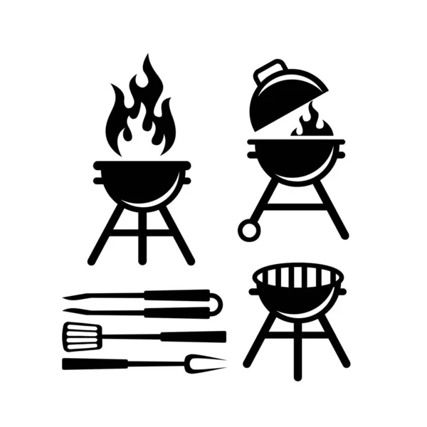 Set Collezione Barbecue Barbecue Strumenti Icona Vettoriale Logo Design Nero — Vettoriale Stock