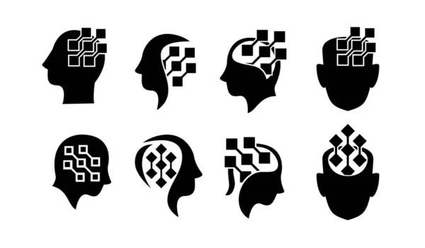 Conjunto Colección Cabeza Datos Cerebro Negro Logotipo Icono Diseño Vector — Archivo Imágenes Vectoriales