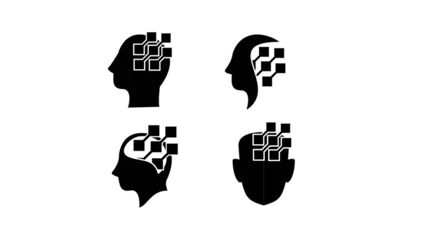 Conjunto Colección Cabeza Datos Cerebro Negro Logotipo Icono Diseño Vector — Archivo Imágenes Vectoriales