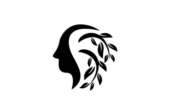 Einfach Abstrakt Kopf Gesicht Mit Blatt Schwarz Vektor Logo Symbol — Stockvektor