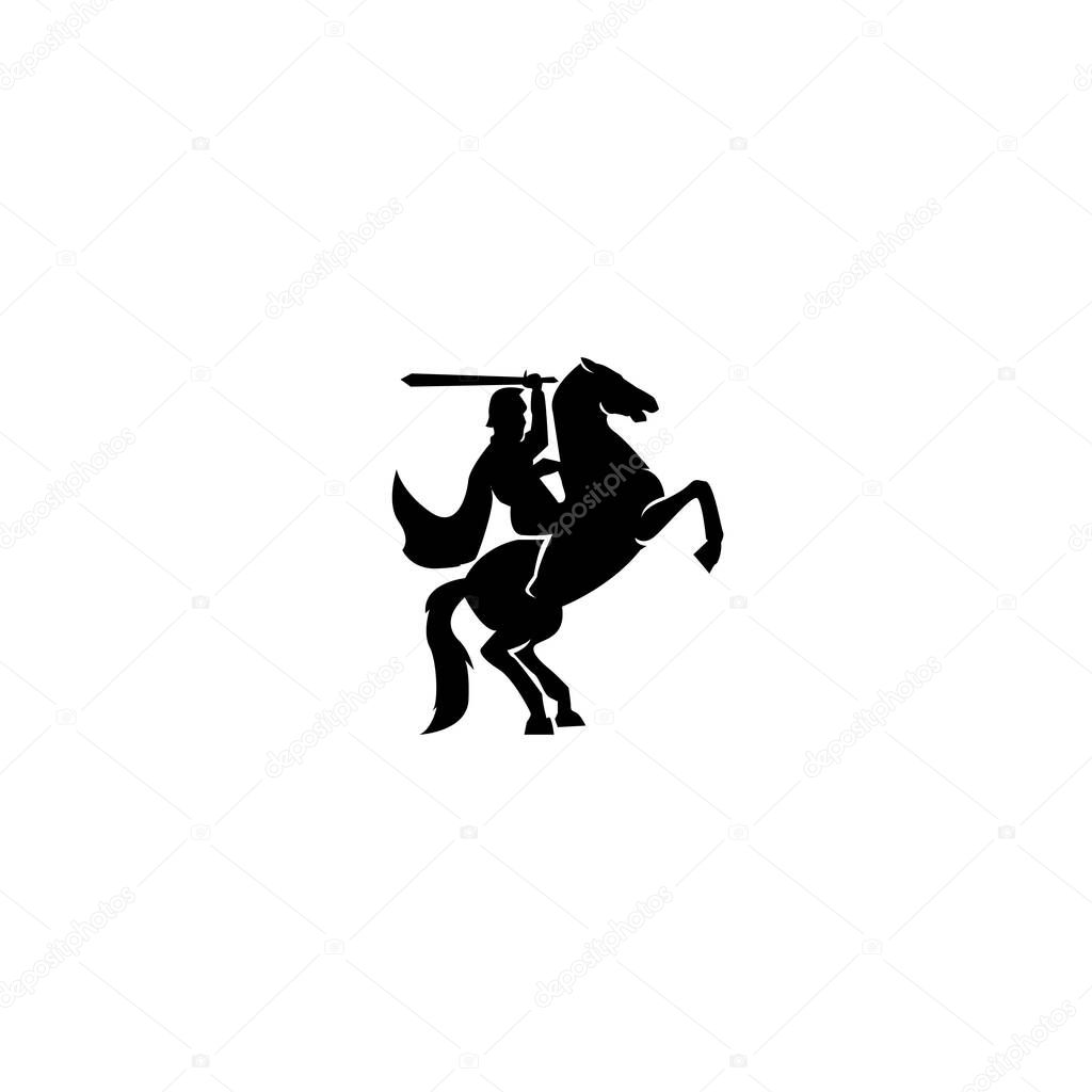 Medieval Horseback knight soldier / paladin dressed in armor goes to war with his horse logo icon design flat vector template illustration silhouette white background with sword and flying cloak black vector