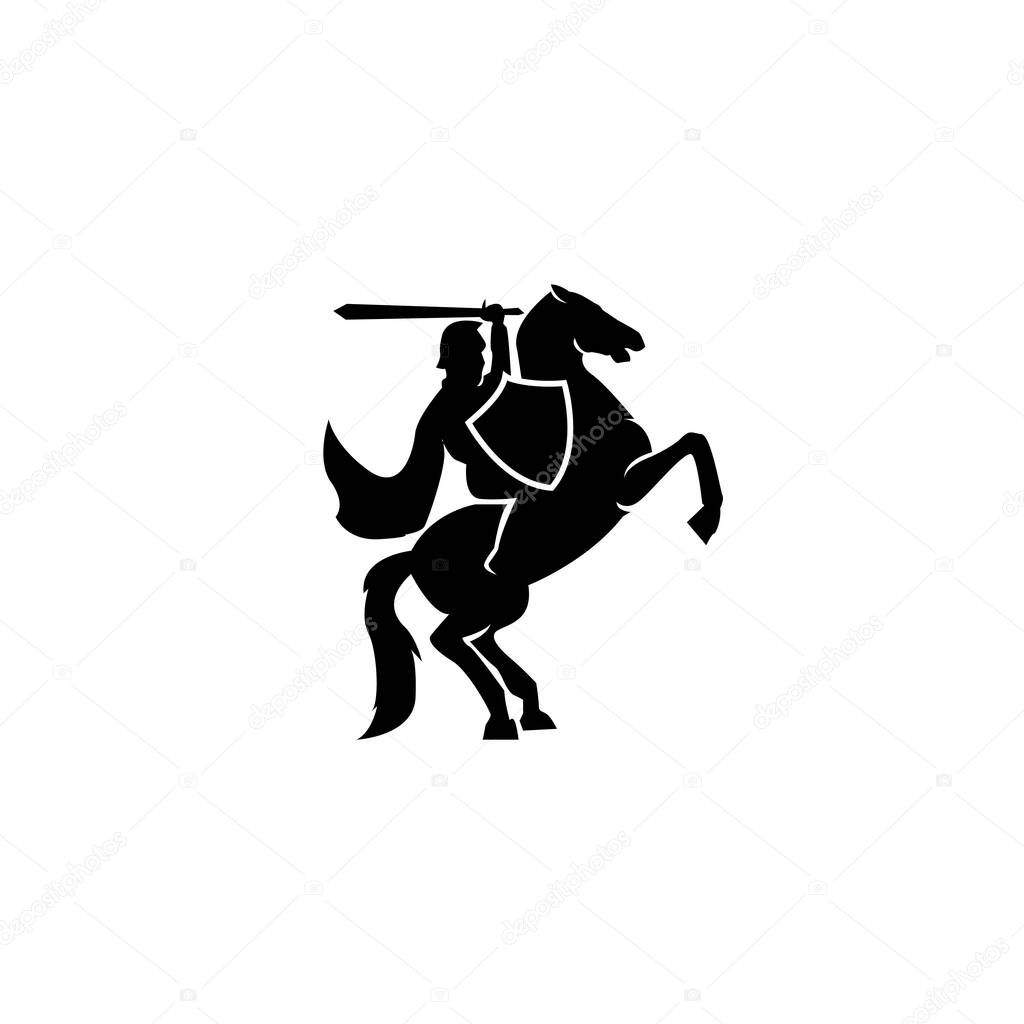 Medieval Horseback knight soldier / paladin dressed in armor goes to war with his horse logo icon design flat vector template illustration silhouette white background with sword and flying cloak black vector