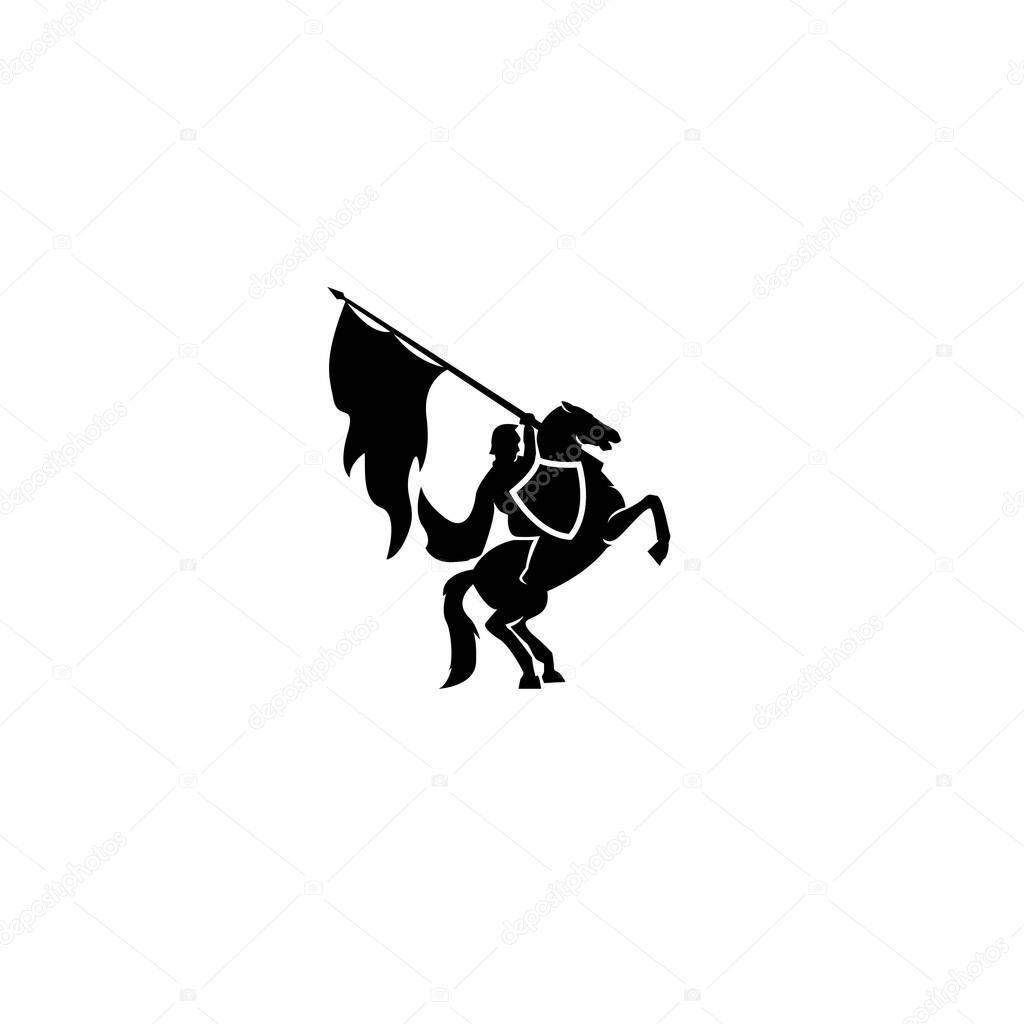 Medieval Horseback knight soldier / paladin dressed in armor goes to war with his horse logo icon design flat vector template illustration silhouette white background with sword and flying cloak black vector