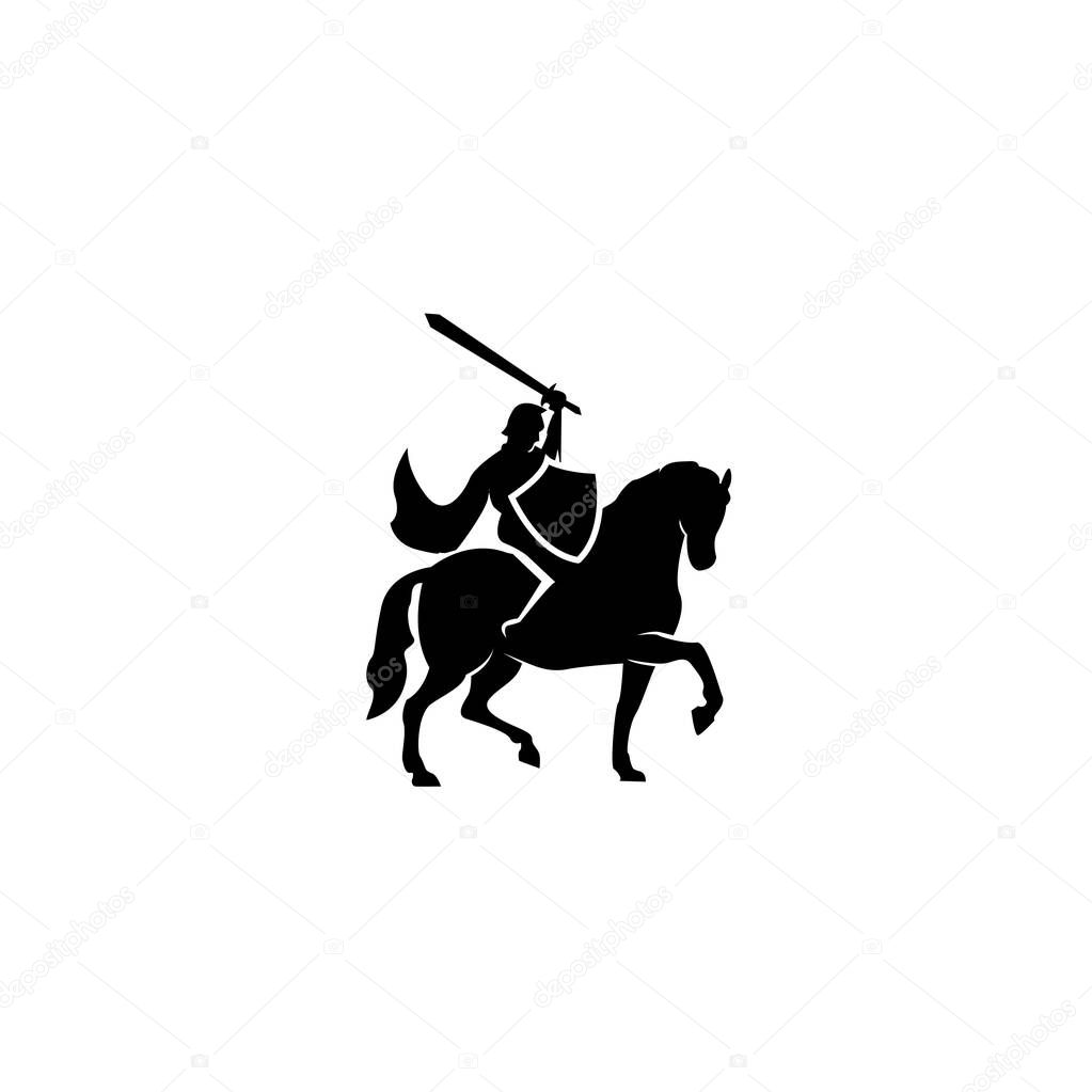Medieval Horseback knight soldier / paladin dressed in armor goes to war with his horse logo icon design flat vector template illustration silhouette white background with sword and flying cloak black vector