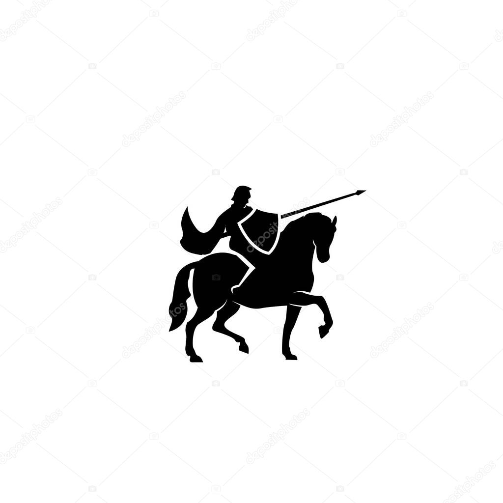 Medieval Horseback knight soldier / paladin dressed in armor goes to war with his horse logo icon design flat vector template illustration silhouette white background with sword and flying cloak black vector