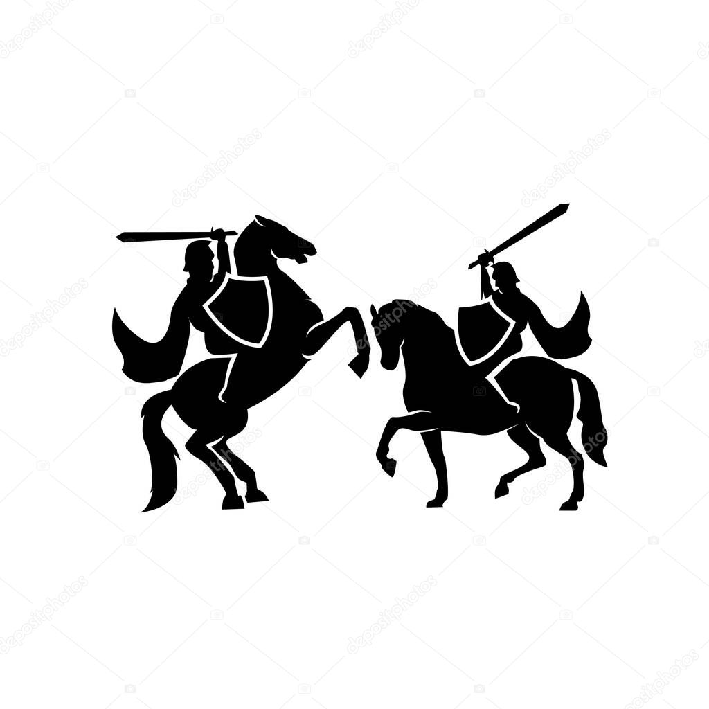Medieval Horseback knight soldier / paladin dressed in armor goes to war with his horse logo icon design flat vector template illustration silhouette white background with sword and flying cloak black vector