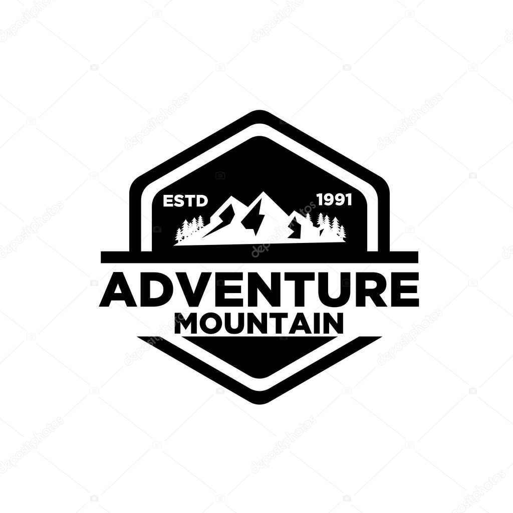 Simple premium Mountain adventure outdoor badge vector logo icon design isolated background