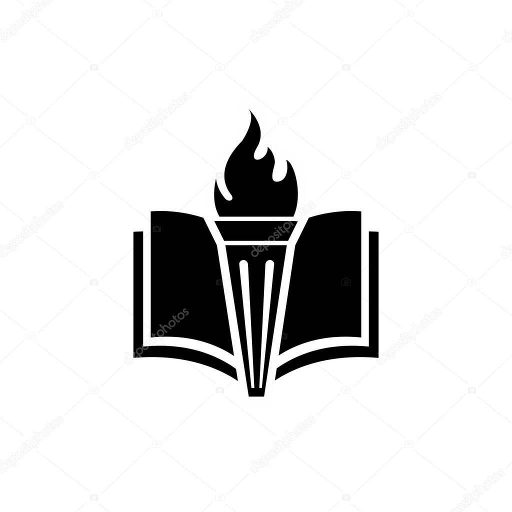 Book with fiery torch concept university education or library emblem, icon web, vector logo illustration design isolated background