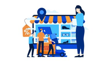Çevrimiçi pazar, bilgisayar ve web sürümü konsept çizim düz tasarım için çevrimiçi dükkan uygulaması. Mini insan illüstrasyon tasarımı ile hızlı teslimat kurye nakliyesi