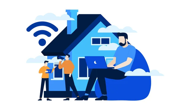 Smart Home Wifi Mini People Επίπεδη Απεικόνιση Για Πρότυπο Banner — Διανυσματικό Αρχείο