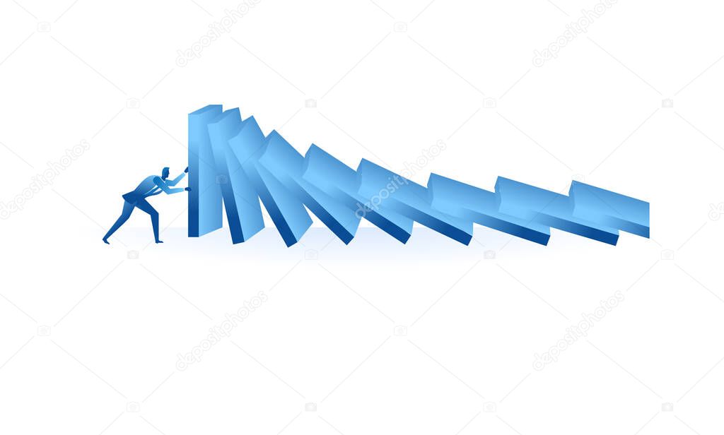 businessman tried to stop domino effect mean an officer try to withstand from pressure concept flat illustration Business about hard work and pressure for presentation