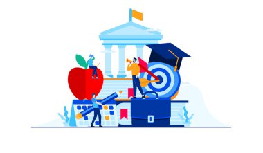 Mini insanların işletme yönetimi eğitimi düz illüstrasyon tasarımı