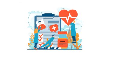 Sağlık Sigortası Tıbbi İnceleme Vektör İllüstrasyon şablonu izole edilmiş arka plan tasarımı sunum web banner UI UX iniş sayfası için kullanılabilir