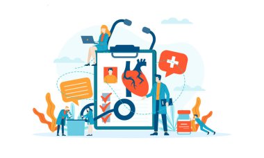 Sağlık Sigortası Tıbbi İnceleme Vektör İllüstrasyon şablonu izole edilmiş arka plan tasarımı sunum web banner UI UX iniş sayfası için kullanılabilir