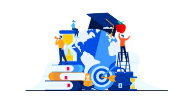 Mini insanların işletme yönetimi eğitimi düz illüstrasyon tasarımı