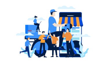 Akıllı telefon konsepti çizim düz tasarım için çevrimiçi mobil uygulama alışverişi. Akıllı ve hızlı teslimat emri kurye.