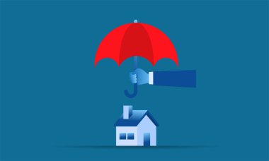 Basit bir illüstrasyon ev koruması sunum ya da afiş için küçük ev sigortası konseptini korumak için büyük el kırmızı şemsiye