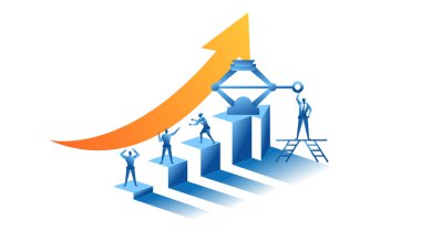 Jack Business iş konsepti illüstrasyonu ile oku yukarı itin. Çok çalışmanın satış karı hakkında. Sunum web banner UI UX iniş sayfası için gelecekte kar yaratın.