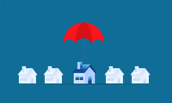 シンプルなイラスト家の保護プレゼンテーションやバナーのための小さな家の保険の概念を保護するための大きな手は赤い傘を保持 — ストックベクタ