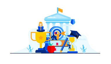 Mini insanların işletme yönetimi eğitimi düz illüstrasyon tasarımı