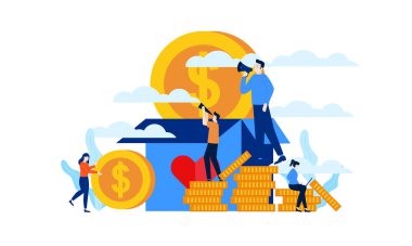 Bağış kutusu hayır işi büyük bir kalp ve mini insanlar düz çizim tasarımı.